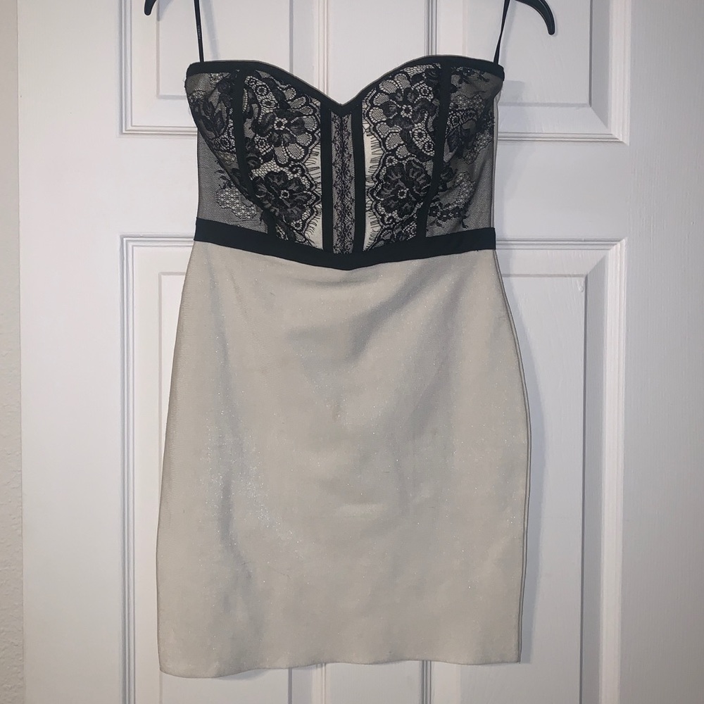 Black and white mini strapless bodycon dress